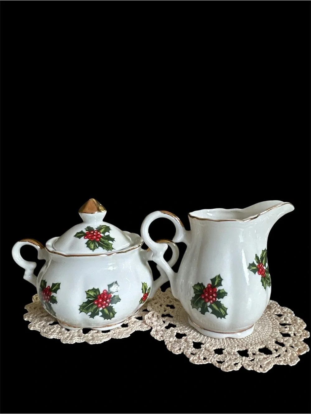 vintage mid-century porcelain creamer and lidded sugar bowl holiday set